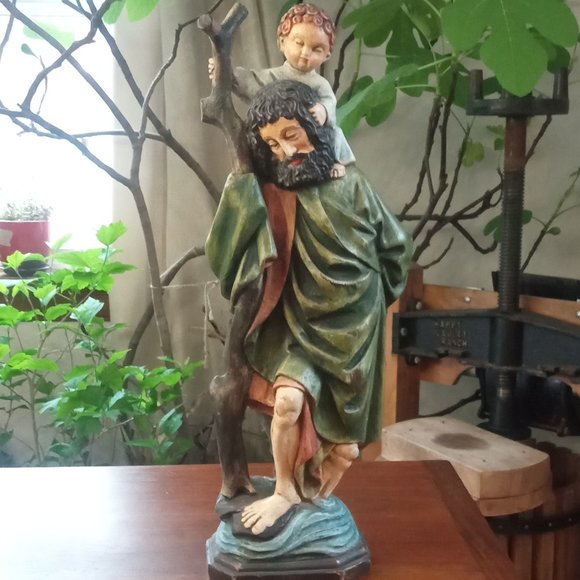 St. Christopher Holding the Christ Child Wooden Statue - Picture 1 of 10